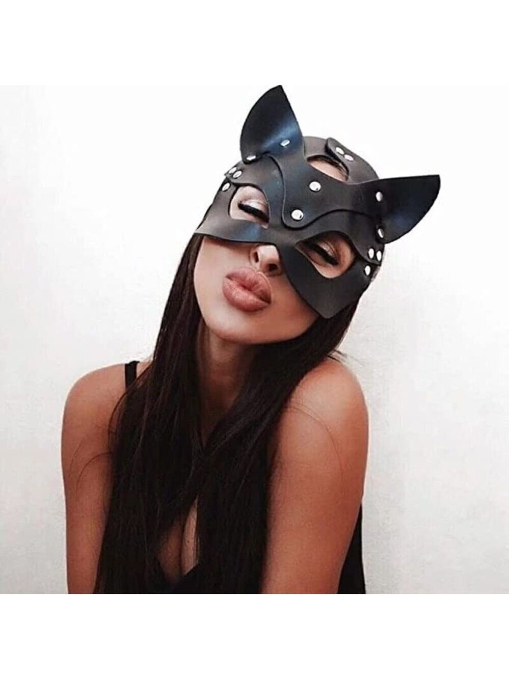 BLACK Leather Kitty Cat Masquerade Face Mask Slave Bondage BDSM Costume Cosplay